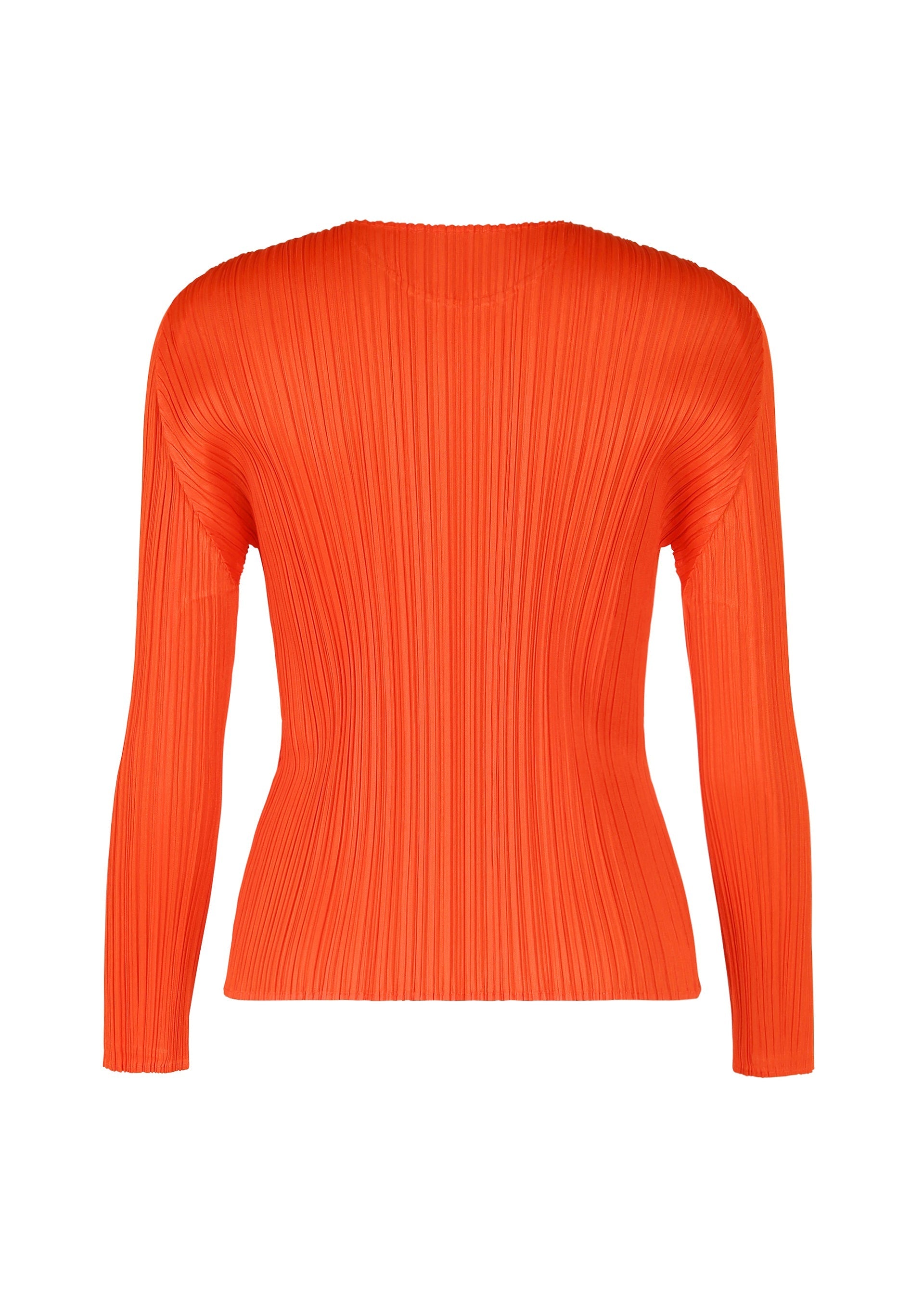 Zoomed view The MONTHLY COLORS : FEBRUARY long-sleeved, fitted orange top by PLEATS PLEASE ISSEY MIYAKE features vertical pleats and a round neck, shown from the back against a white background.