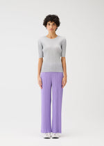 A person with short curly hair models the PLEATS PLEASE ISSEY MIYAKE MONTHLY COLORS: APRIL collection, wearing a light gray top and pleated lavender pants with white shoes against a plain white background.