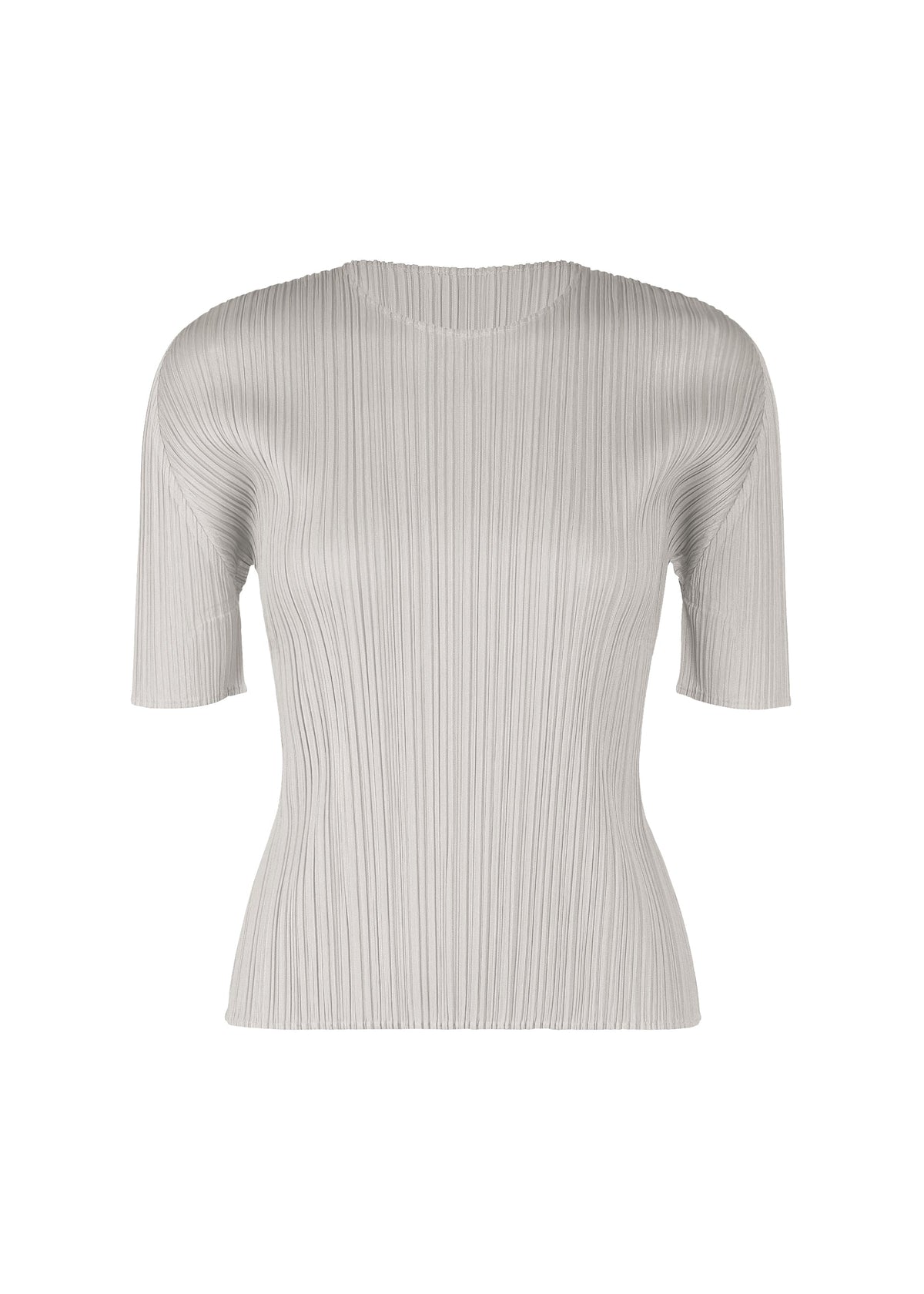 The MONTHLY COLORS : APRIL top by PLEATS PLEASE ISSEY MIYAKE features light grey, ribbed knit fabric with vertical pleats, a round neckline, short sleeves, and a fitted silhouette—ideal for fans of minimalist style. view 1 of 10