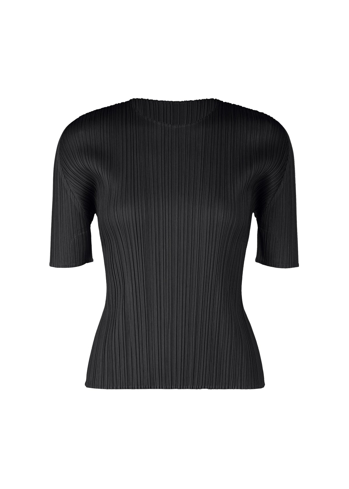 The PLEATS PLEASE ISSEY MIYAKE MONTHLY COLORS : APRIL is a black, fitted round-neck top with short sleeves and all-over pleated texture, shown on a plain white background. view 2 of 10