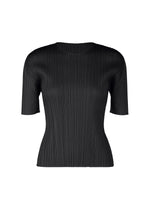 The PLEATS PLEASE ISSEY MIYAKE MONTHLY COLORS : APRIL is a black, fitted round-neck top with short sleeves and all-over pleated texture, shown on a plain white background. - BLACK (no.15)