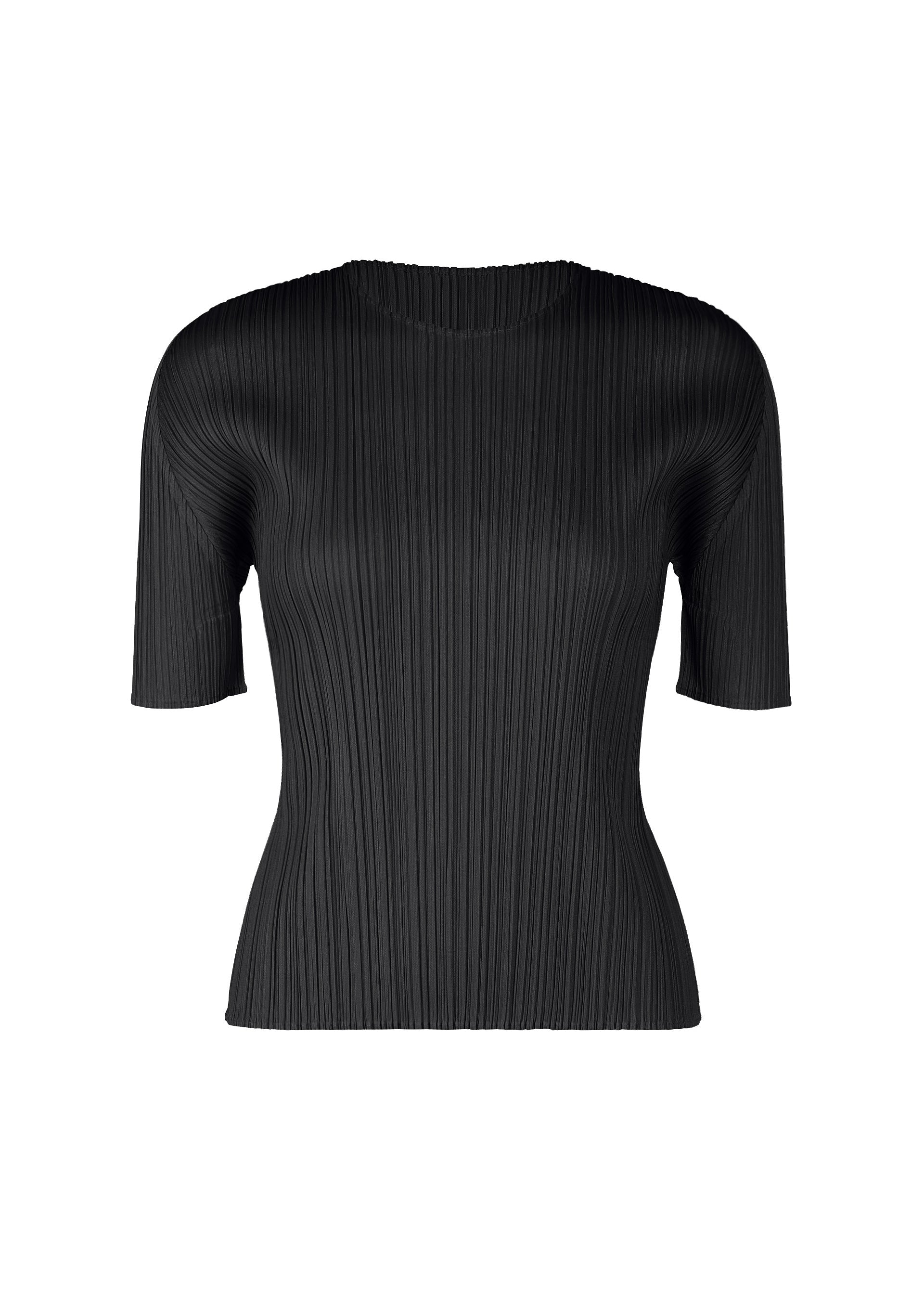 Zoomed view The PLEATS PLEASE ISSEY MIYAKE MONTHLY COLORS : APRIL is a black, fitted round-neck top with short sleeves and all-over pleated texture, shown on a plain white background. - BLACK (no.15)