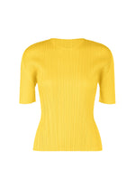 The MONTHLY COLORS : APRIL top by PLEATS PLEASE ISSEY MIYAKE is a bright yellow, short-sleeved piece with a round neckline and fine vertical pleats, presented in simple silhouettes on a white background. - YELLOW (no.52)