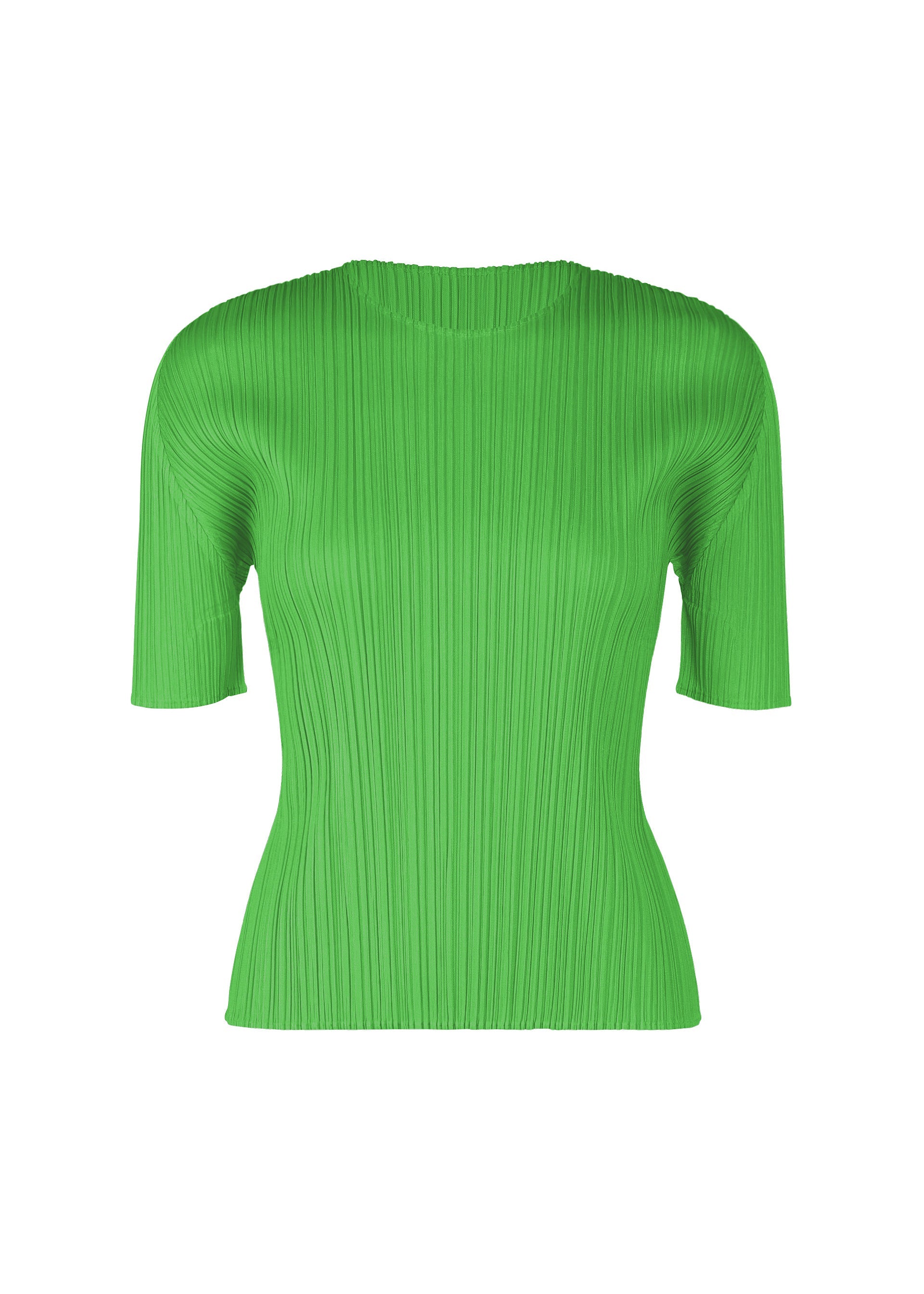 Zoomed view The MONTHLY COLORS : APRIL top by PLEATS PLEASE ISSEY MIYAKE features a bright green, short-sleeved, round-neck design with allover fine pleats, presented in simple silhouettes on a white background. - GREEN (no.62)