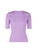 The MONTHLY COLORS : APRIL by PLEATS PLEASE ISSEY MIYAKE is a short-sleeved, lilac purple round-neck top with pleated, textured fabric and a fitted silhouette—ideal for minimalist style lovers. No visible logos or patterns. - LIGHT PURPLE (no.80)