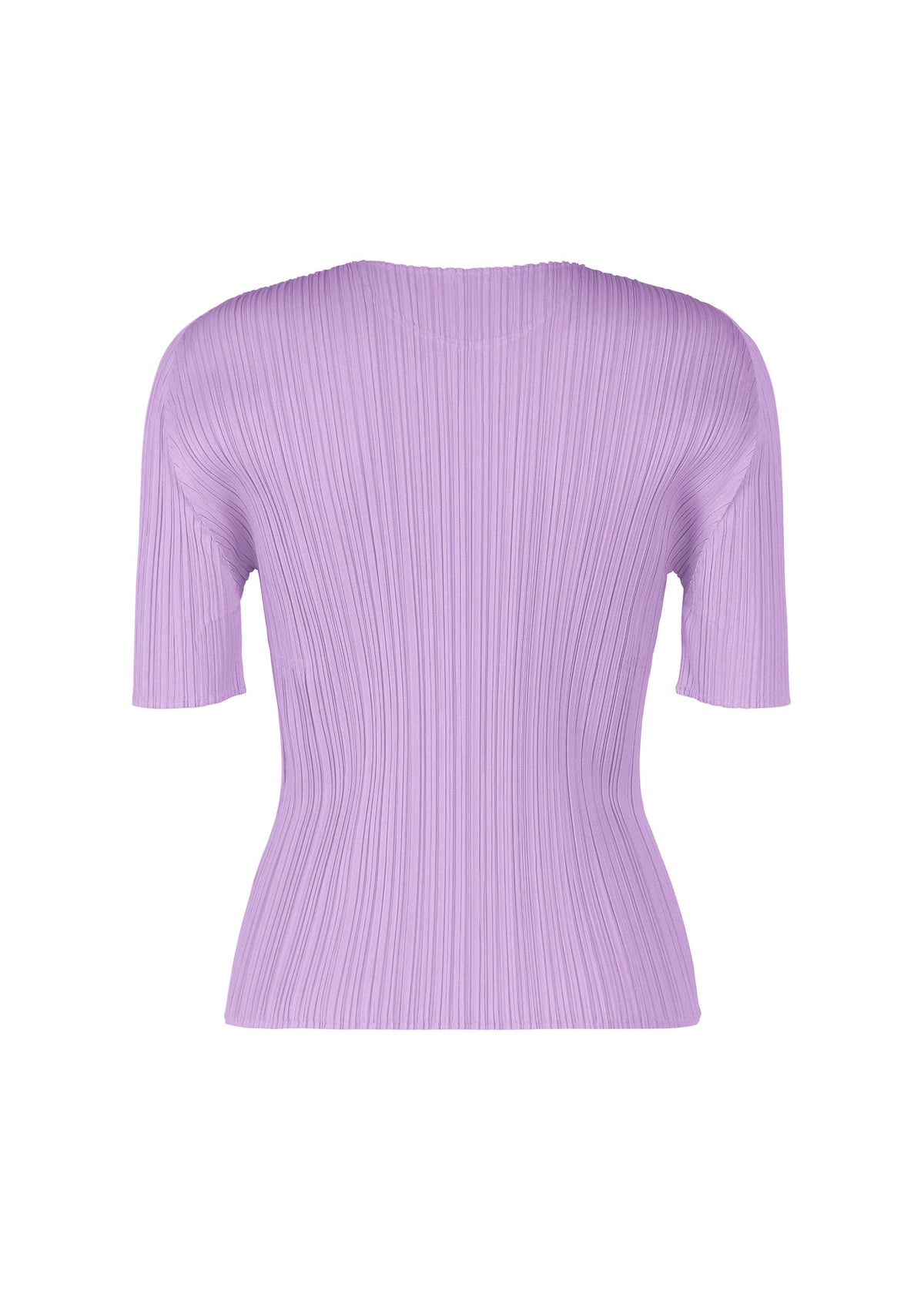 The MONTHLY COLORS : APRIL top by PLEATS PLEASE ISSEY MIYAKE features a lavender hue, round neck, short sleeves, and vertical pleats, showcasing a simple silhouette against a white background. view 6 of 10