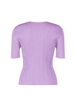 The MONTHLY COLORS : APRIL top by PLEATS PLEASE ISSEY MIYAKE features a lavender hue, round neck, short sleeves, and vertical pleats, showcasing a simple silhouette against a white background.