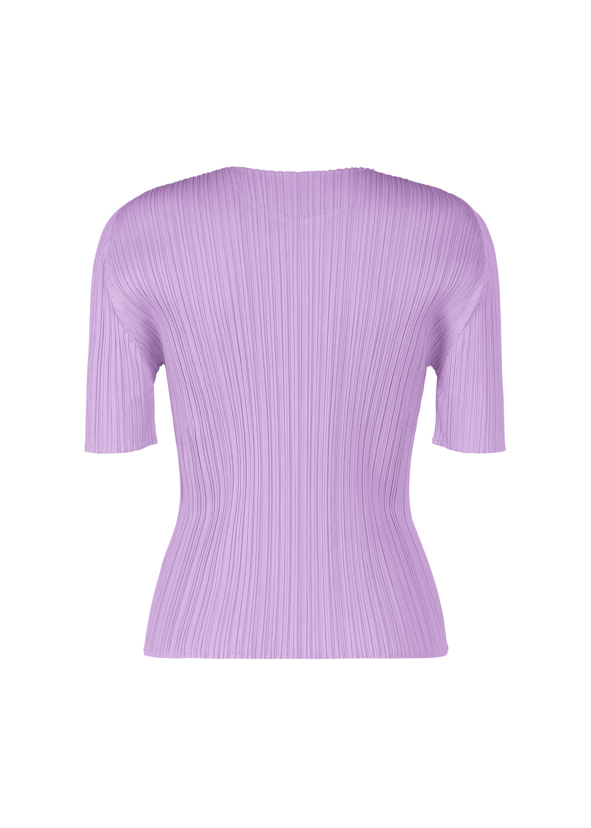 Zoomed view The MONTHLY COLORS : APRIL top by PLEATS PLEASE ISSEY MIYAKE features a lavender hue, round neck, short sleeves, and vertical pleats, showcasing a simple silhouette against a white background.