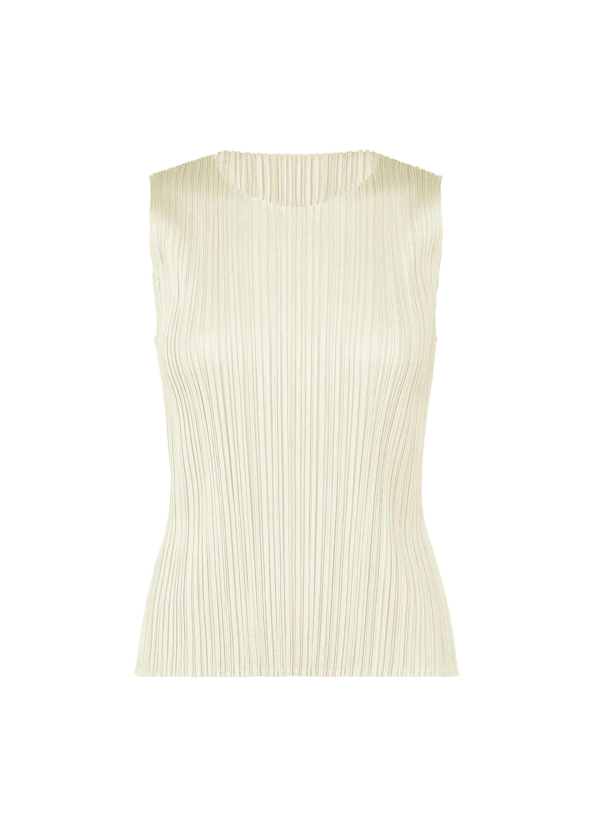 Zoomed view The MONTHLY COLORS : MAY sleeveless off-white pleated tank by PLEATS PLEASE ISSEY MIYAKE features a round neckline and lightweight, textured fabric—ideal for summer—shown against a plain white background. - IVORY (no.03)
