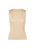 The MONTHLY COLORS : MAY sleeveless beige tank top by PLEATS PLEASE ISSEY MIYAKE features a high neckline, vertical pleated texture, and subtle color gradations, shown on a plain white background. - SAND BEIGE (no.43)