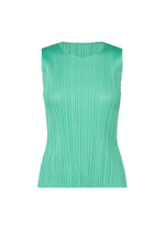 The MONTHLY COLORS : MAY sleeveless mint green pleated tank top by PLEATS PLEASE ISSEY MIYAKE features a high neckline, perfect for summer, shown against a plain white background. - TURQUOISE GREEN (no.66)