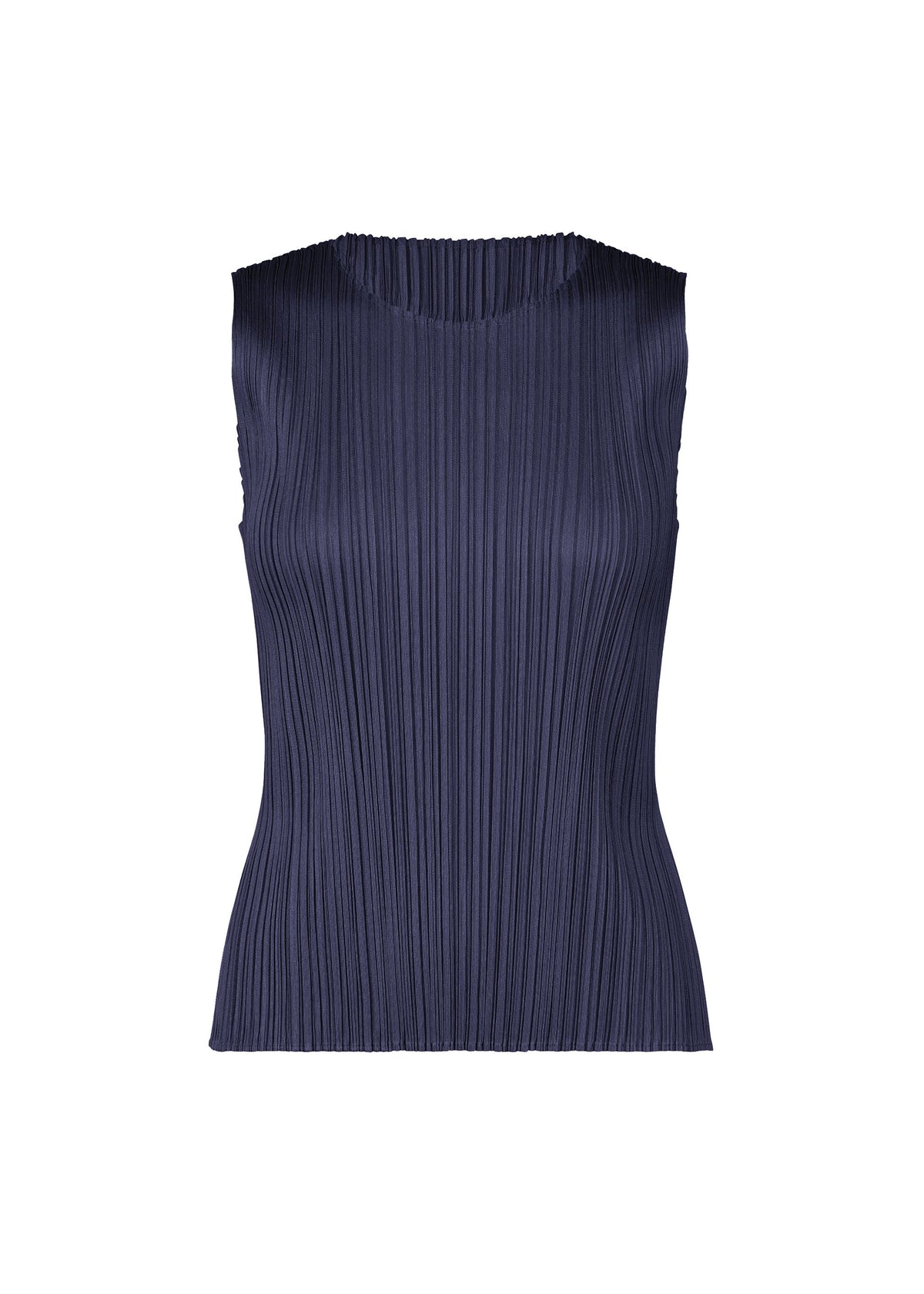 The MONTHLY COLORS : MAY sleeveless navy tank top by PLEATS PLEASE ISSEY MIYAKE features a round neckline, vertical pleats, and subtle color gradations—ideal for summer. Displayed on a white background. view 5 of 10