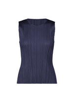 The MONTHLY COLORS : MAY sleeveless navy tank top by PLEATS PLEASE ISSEY MIYAKE features a round neckline, vertical pleats, and subtle color gradations—ideal for summer. Displayed on a white background. - NAVY (no.75)