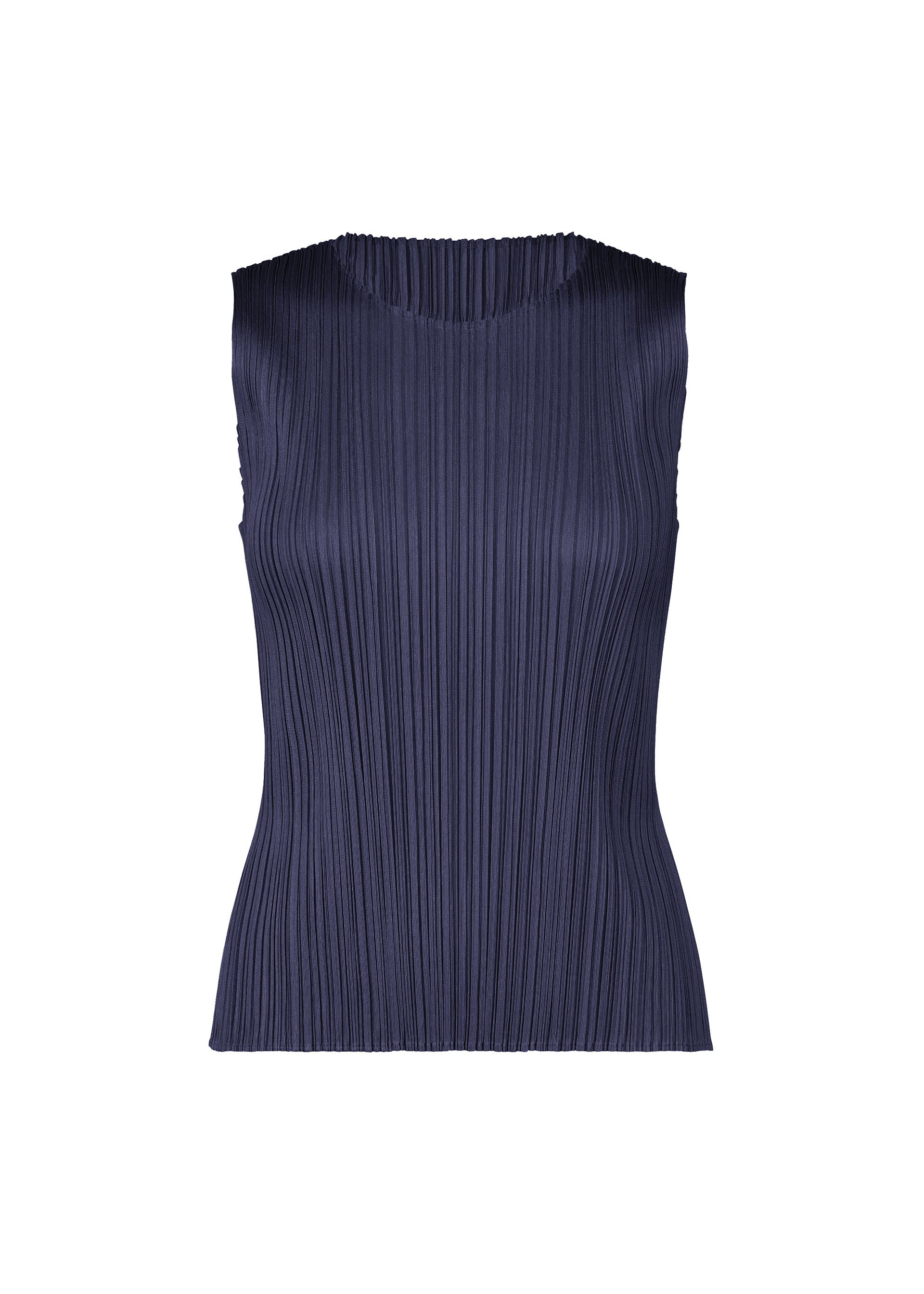 Zoomed view The MONTHLY COLORS : MAY sleeveless navy tank top by PLEATS PLEASE ISSEY MIYAKE features a round neckline, vertical pleats, and subtle color gradations—ideal for summer. Displayed on a white background. - NAVY (no.75)