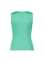 The MONTHLY COLORS : MAY sleeveless tank top by PLEATS PLEASE ISSEY MIYAKE in mint green features vertical pleats and subtle color gradations, creating a textured, structured look against a white background.