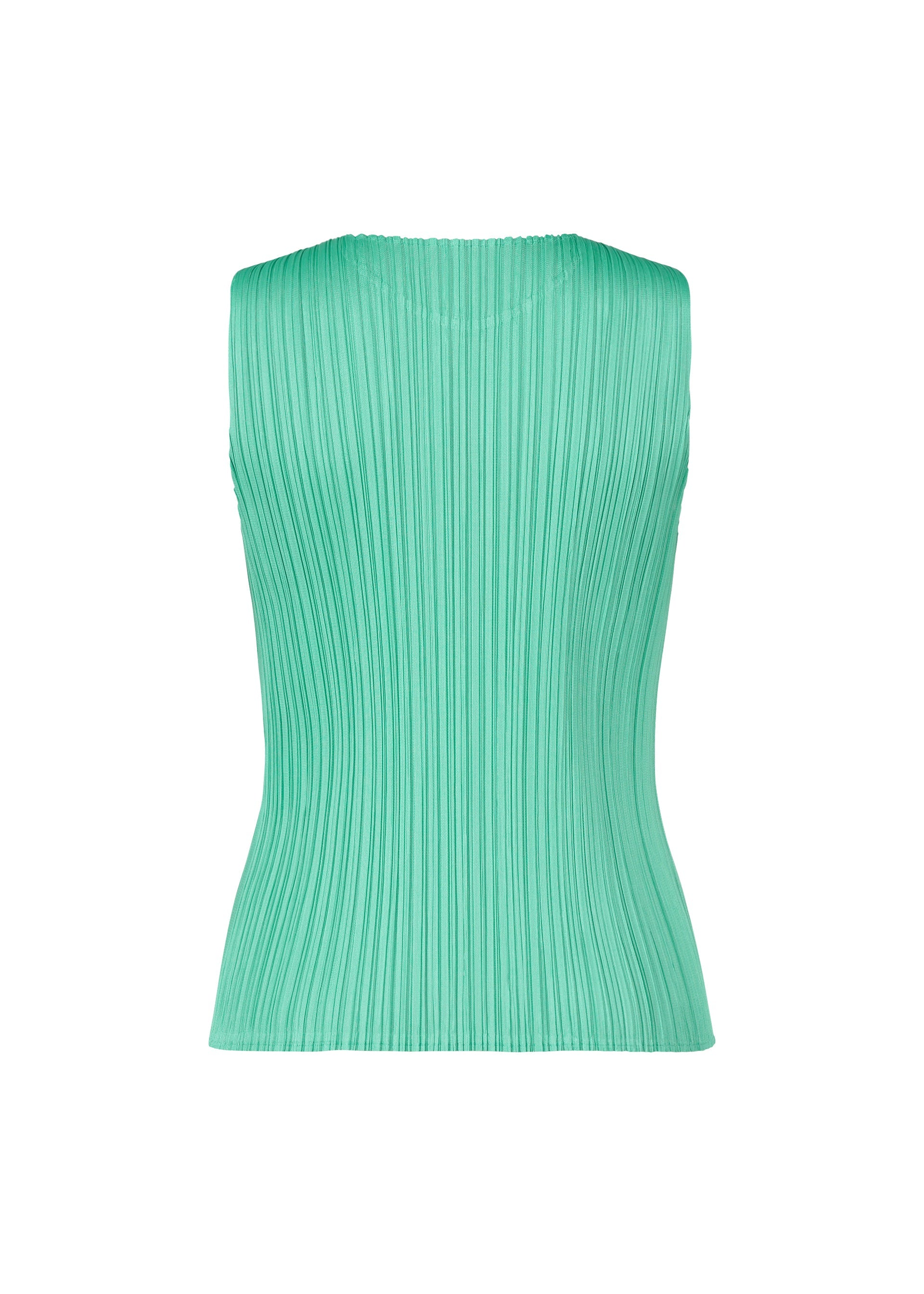 Zoomed view The MONTHLY COLORS : MAY sleeveless tank top by PLEATS PLEASE ISSEY MIYAKE in mint green features vertical pleats and subtle color gradations, creating a textured, structured look against a white background.