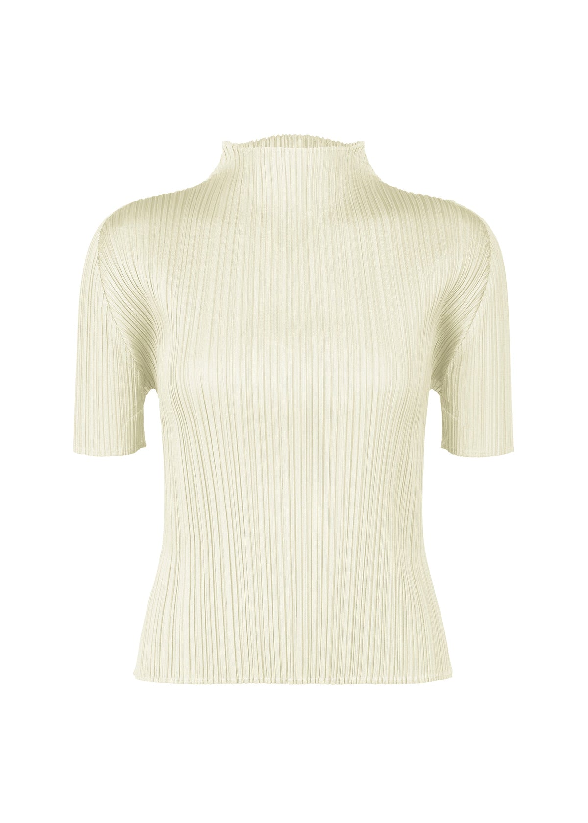 The MONTHLY COLORS : MAY top by PLEATS PLEASE ISSEY MIYAKE is a light beige, short-sleeved summer piece with a ribbed knit texture, mock neck, and fitted silhouette, shown against a plain white background. view 1 of 10