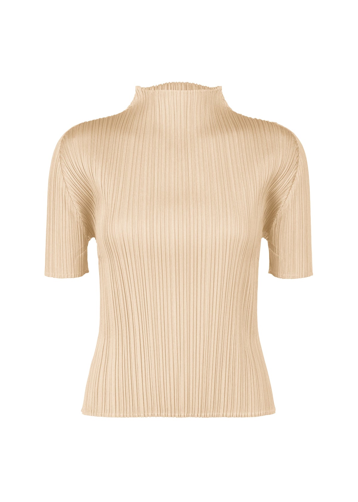 The MONTHLY COLORS : MAY top by PLEATS PLEASE ISSEY MIYAKE is a short-sleeved, beige pleated summer high-neck with a fitted silhouette, shown against a plain white background. view 2 of 10