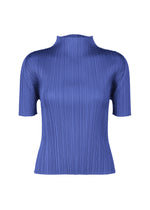 The MONTHLY COLORS : MAY top by PLEATS PLEASE ISSEY MIYAKE is a ribbed, short-sleeve high-neck style in vibrant blue with color gradation, vertical pleats, and a fitted silhouette, displayed on a plain white background. - BLUE (no.72)
