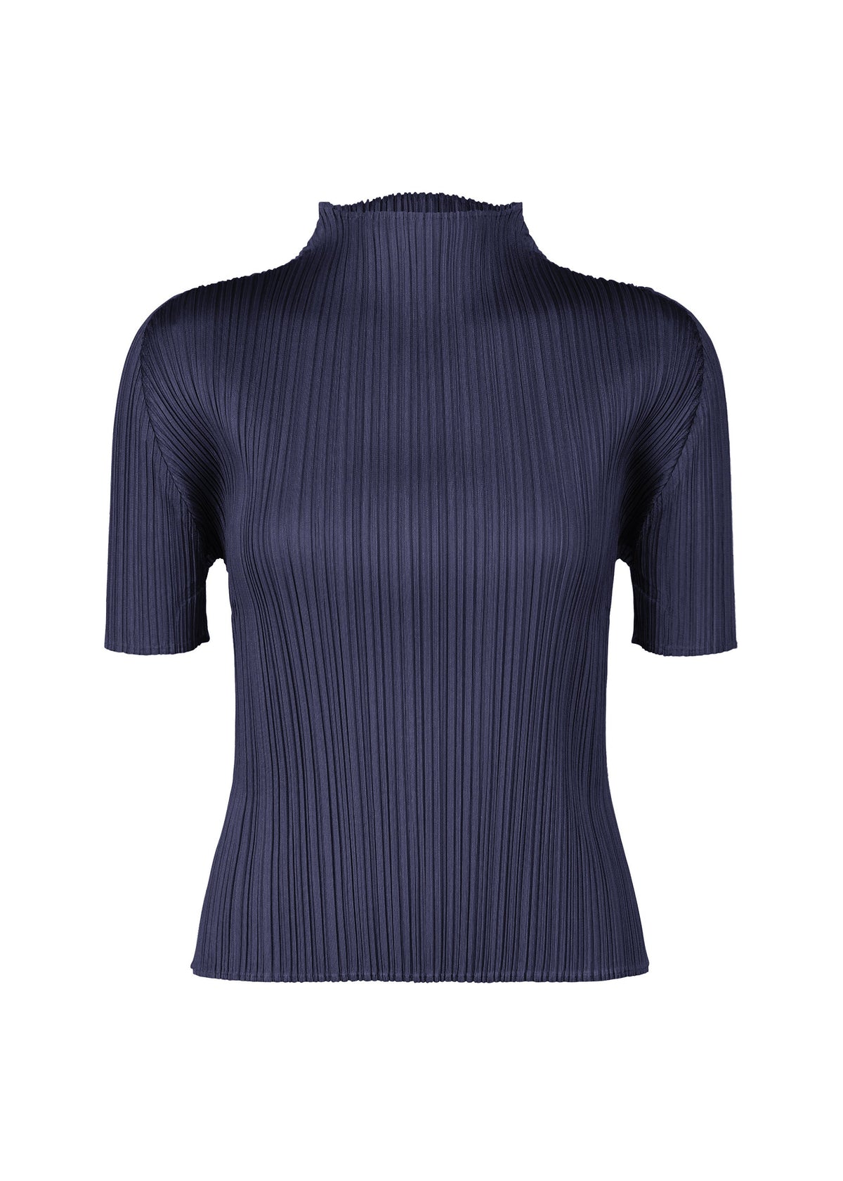 The MONTHLY COLORS : MAY top by PLEATS PLEASE ISSEY MIYAKE features a navy blue, short-sleeve, ribbed high-neck design with a fitted silhouette, perfect for summer and shown on a plain white background. view 5 of 10