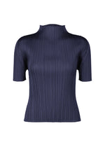 The MONTHLY COLORS : MAY top by PLEATS PLEASE ISSEY MIYAKE features a navy blue, short-sleeve, ribbed high-neck design with a fitted silhouette, perfect for summer and shown on a plain white background. - NAVY (no.75)