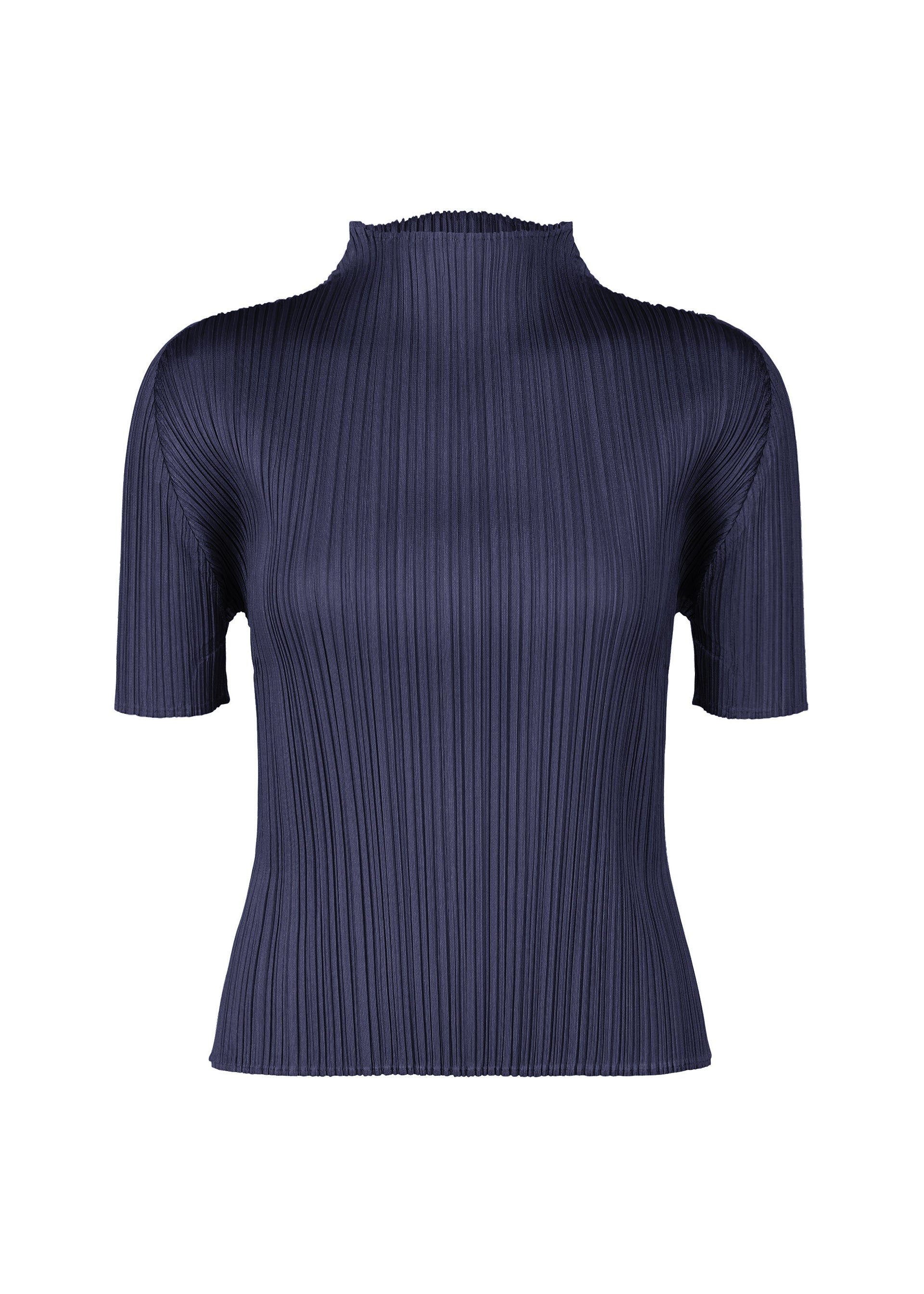Zoomed view The MONTHLY COLORS : MAY top by PLEATS PLEASE ISSEY MIYAKE features a navy blue, short-sleeve, ribbed high-neck design with a fitted silhouette, perfect for summer and shown on a plain white background. - NAVY (no.75)