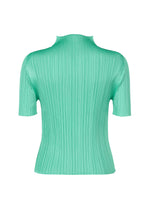 The MONTHLY COLORS : MAY top by PLEATS PLEASE ISSEY MIYAKE is a mint green, short-sleeve pleated summer shirt with a mock neck and fine ribbed texture, shown from the back against a white background.