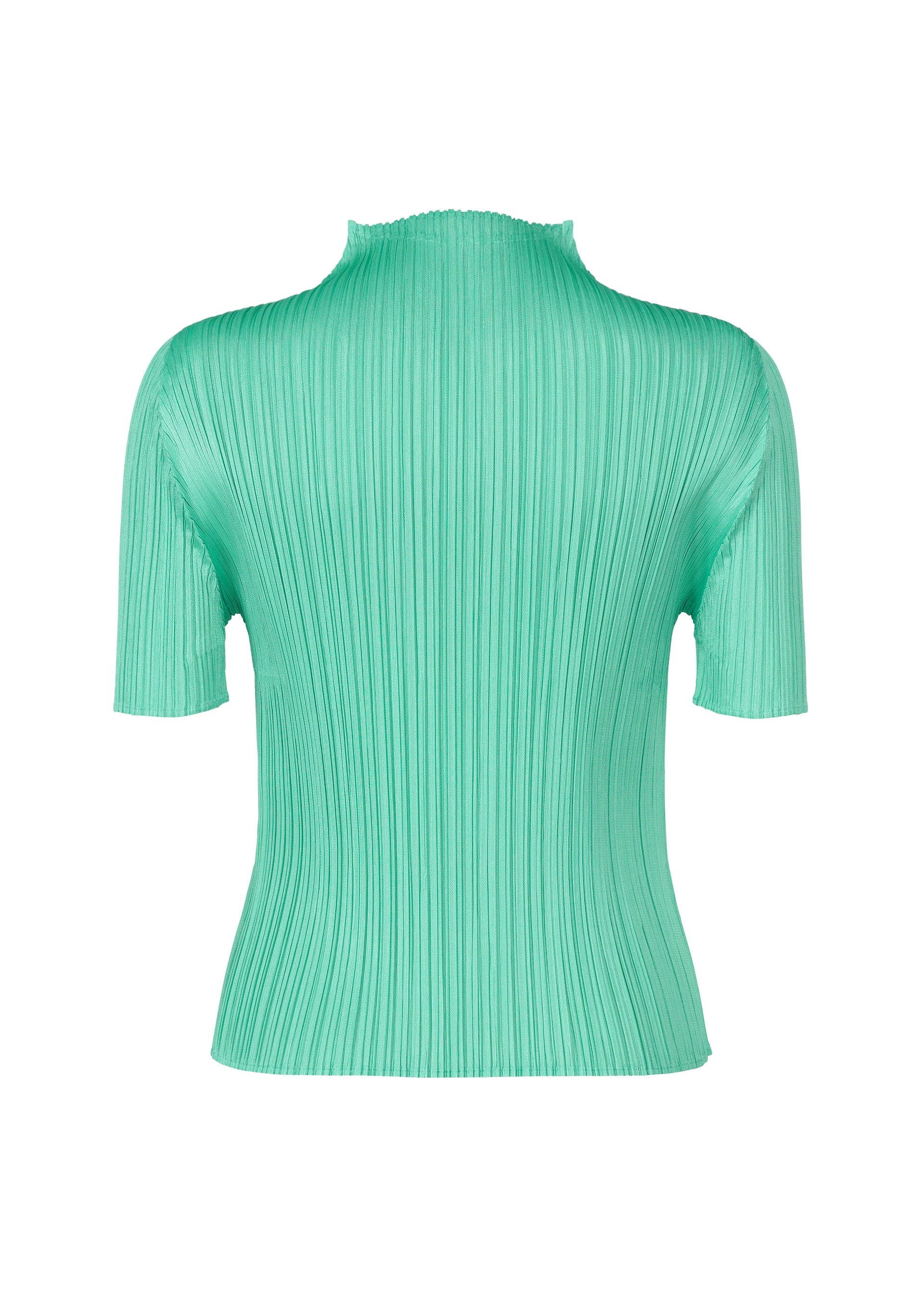 Zoomed view The MONTHLY COLORS : MAY top by PLEATS PLEASE ISSEY MIYAKE is a mint green, short-sleeve pleated summer shirt with a mock neck and fine ribbed texture, shown from the back against a white background.