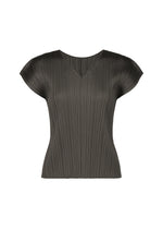 The MONTHLY COLORS : JUNE top by PLEATS PLEASE ISSEY MIYAKE is a dark gray, short-sleeved V-neck with pleated details and a fitted silhouette, shown against a plain white background. - CHARCOAL （no.17）