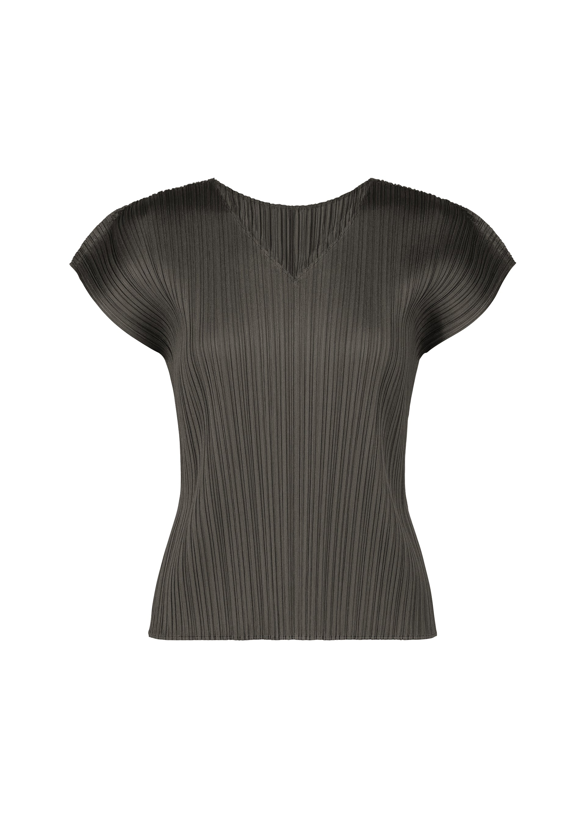 Zoomed view The MONTHLY COLORS : JUNE top by PLEATS PLEASE ISSEY MIYAKE is a dark gray, short-sleeved V-neck with pleated details and a fitted silhouette, shown against a plain white background. - CHARCOAL （no.17）