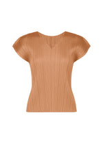 A short-sleeved pleated V-neck top in soft coastal light brown from PLEATS PLEASE ISSEY MIYAKE's MONTHLY COLORS: JUNE collection, shown on a plain white background. - PINK BEIGE （no.25）