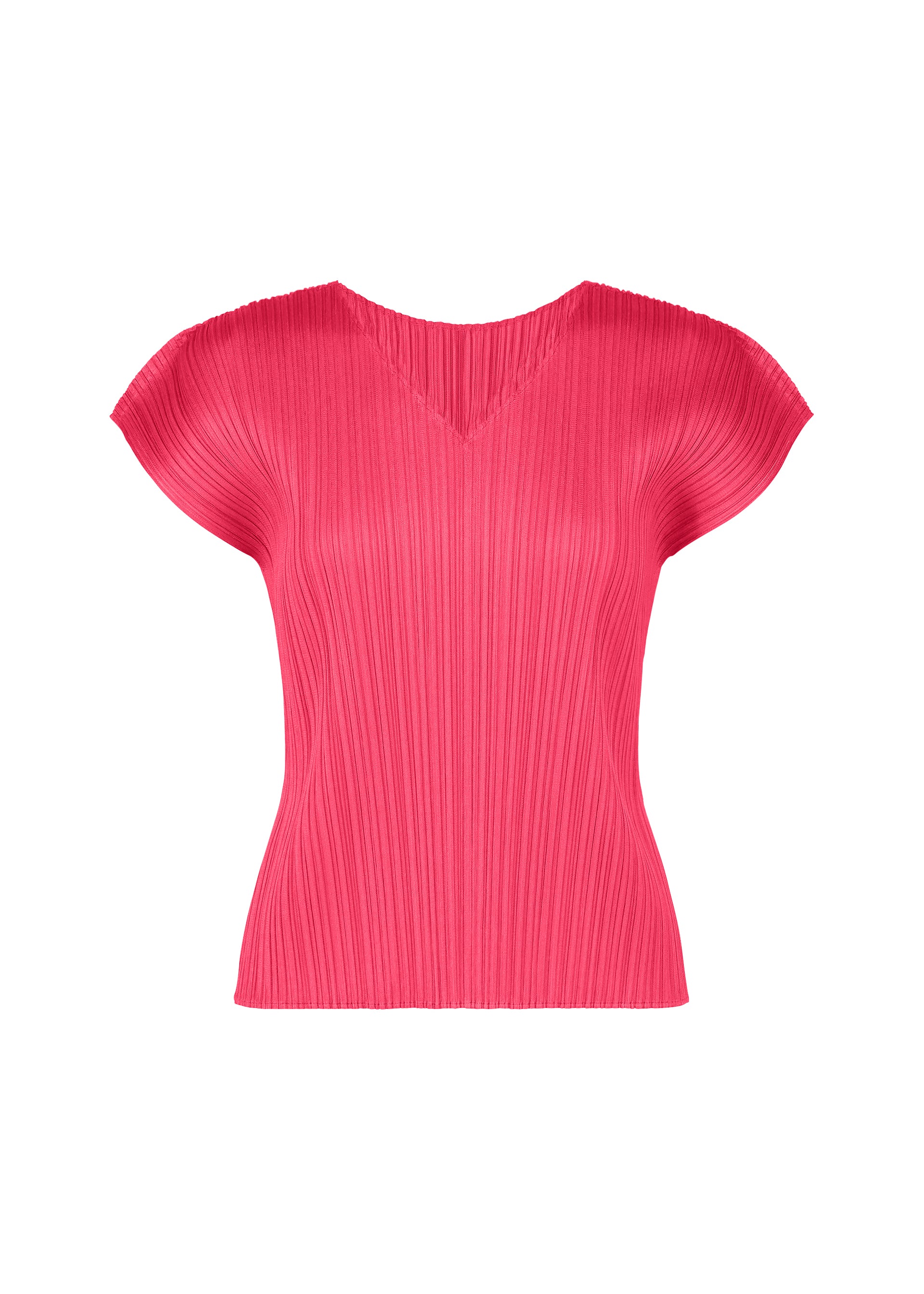 Zoomed view The MONTHLY COLORS : JUNE top by PLEATS PLEASE ISSEY MIYAKE is a bright pink, short-sleeved V-neck with pleated detailing and a fitted silhouette, shown against a white background. - BRIGHT PINK （no.26）