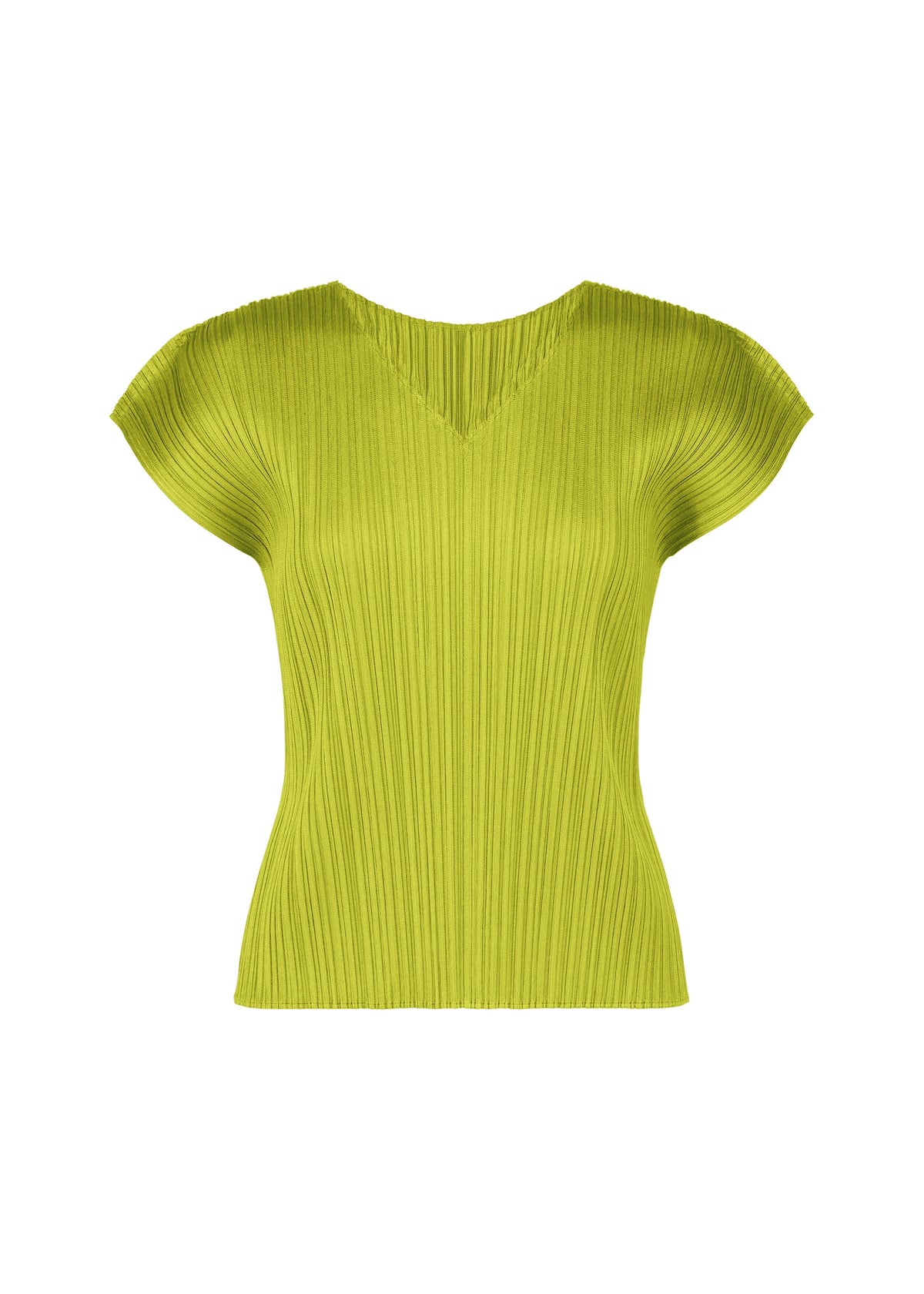 The MONTHLY COLORS : JUNE top by PLEATS PLEASE ISSEY MIYAKE is a short-sleeve, lime green V-neck with pleated detailing and a fitted silhouette, shown on a plain white background. view 4 of 10