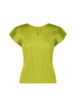 The MONTHLY COLORS : JUNE top by PLEATS PLEASE ISSEY MIYAKE is a short-sleeve, lime green V-neck with pleated detailing and a fitted silhouette, shown on a plain white background. - YELLOW GREEN （no.64）