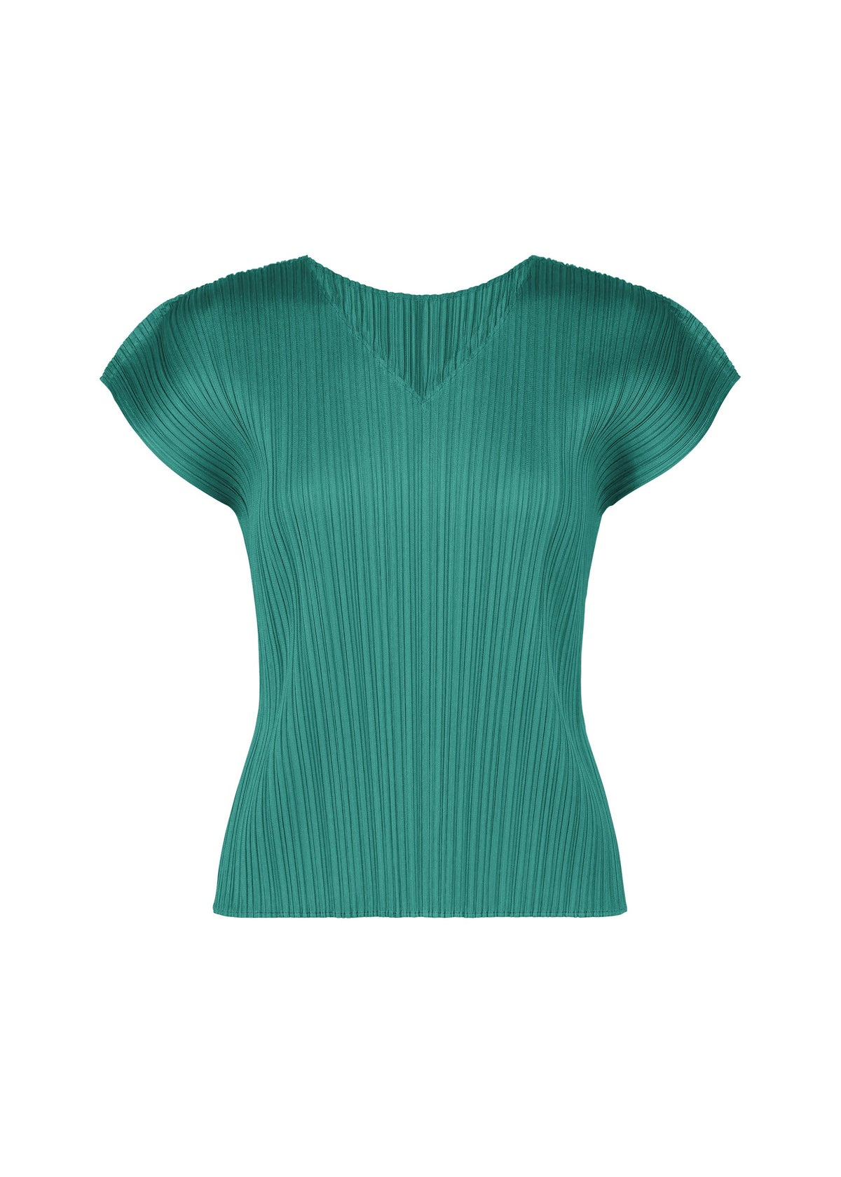 The PLEATS PLEASE ISSEY MIYAKE MONTHLY COLORS : JUNE top is a green V-neck with short sleeves, made from pleated textured fabric in coastal hues, shown on a plain white background. view 5 of 10