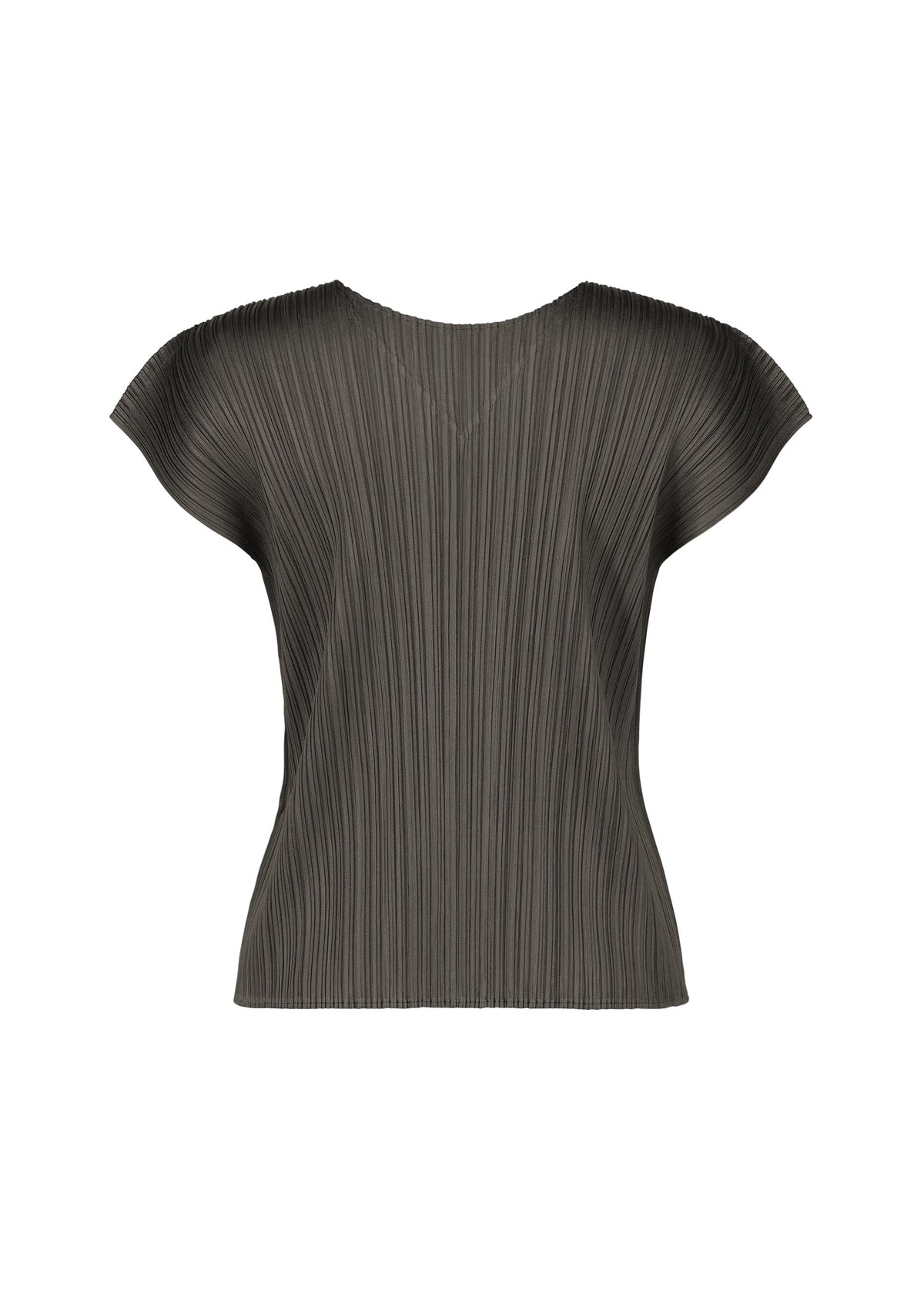 The MONTHLY COLORS : JUNE top by PLEATS PLEASE ISSEY MIYAKE is a dark gray, short-sleeved, pleated reversible piece with a wide neckline and structured shoulders, shown against a white background. view 6 of 10