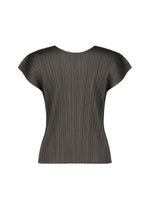The MONTHLY COLORS : JUNE top by PLEATS PLEASE ISSEY MIYAKE is a dark gray, short-sleeved, pleated reversible piece with a wide neckline and structured shoulders, shown against a white background.