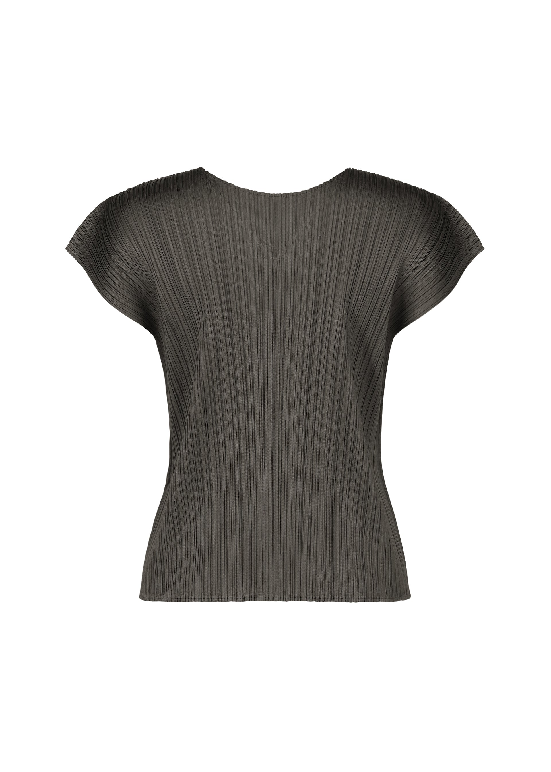 Zoomed view The MONTHLY COLORS : JUNE top by PLEATS PLEASE ISSEY MIYAKE is a dark gray, short-sleeved, pleated reversible piece with a wide neckline and structured shoulders, shown against a white background.