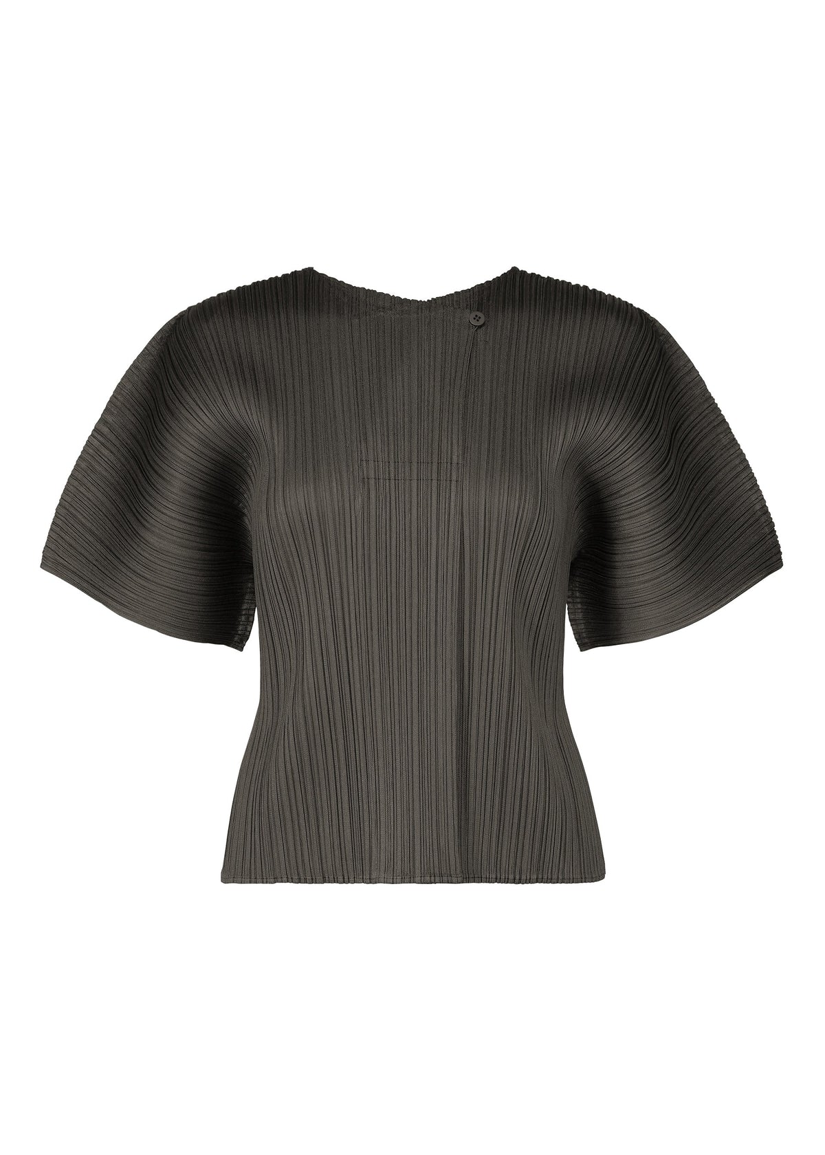 The MONTHLY COLORS : JUNE top by PLEATS PLEASE ISSEY MIYAKE features a black, round-neck design with short, wide structured sleeves and a slightly fitted waist. Its vertical ribbed texture creates a modern sculptural look. Shown front view on white background. view 2 of 11