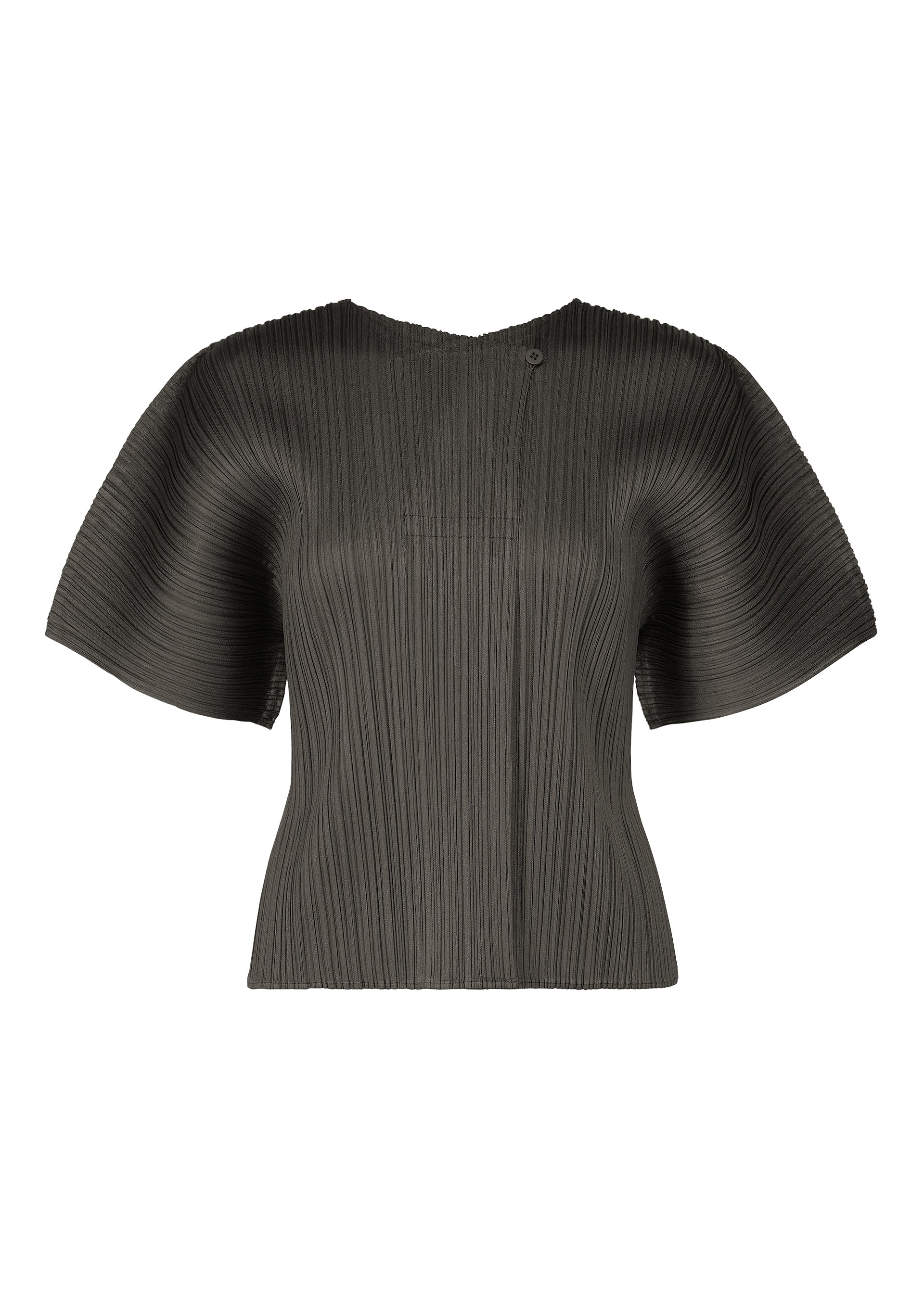Zoomed view The MONTHLY COLORS : JUNE top by PLEATS PLEASE ISSEY MIYAKE features a black, round-neck design with short, wide structured sleeves and a slightly fitted waist. Its vertical ribbed texture creates a modern sculptural look. Shown front view on white background. - CHARCOAL （no.17）