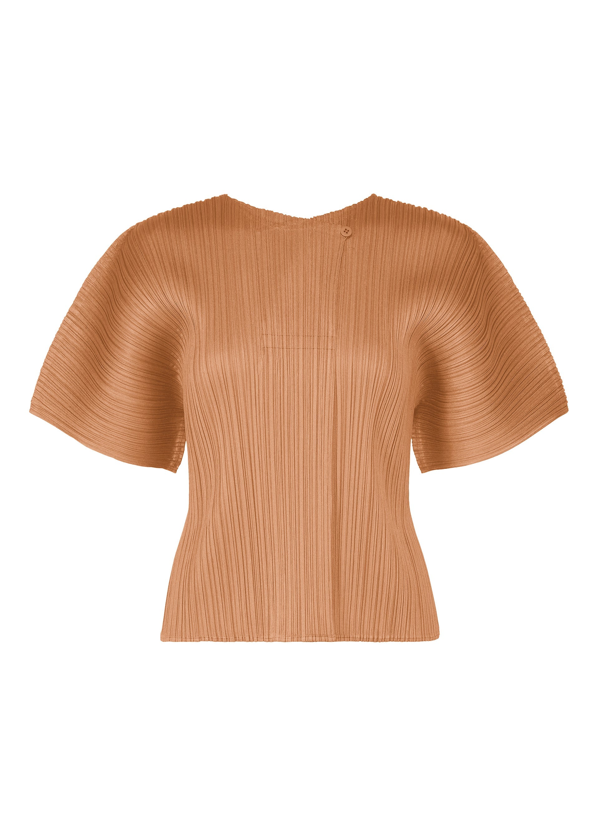Zoomed view The MONTHLY COLORS : JUNE top by PLEATS PLEASE ISSEY MIYAKE features a light brown, round neck design with wide, pleated short sleeves and vertical pleats for a sculptural, textured look. - PINK BEIGE （no.25）