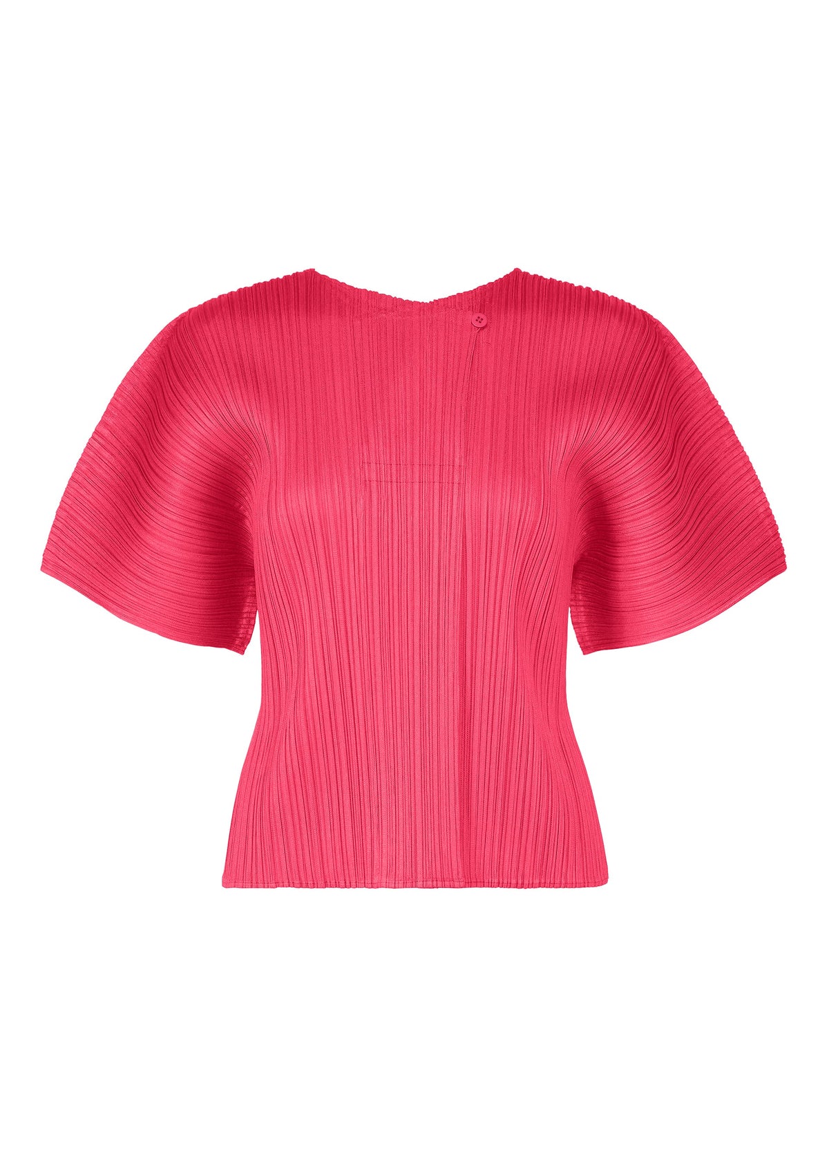 The MONTHLY COLORS : JUNE top by PLEATS PLEASE ISSEY MIYAKE features a vibrant pink hue, short sleeves, pleated texture, round neck, and flared silhouette for a sculptural, modern look. view 3 of 11
