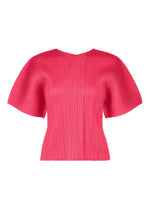 The MONTHLY COLORS : JUNE top by PLEATS PLEASE ISSEY MIYAKE features a vibrant pink hue, short sleeves, pleated texture, round neck, and flared silhouette for a sculptural, modern look. - BRIGHT PINK （no.26）
