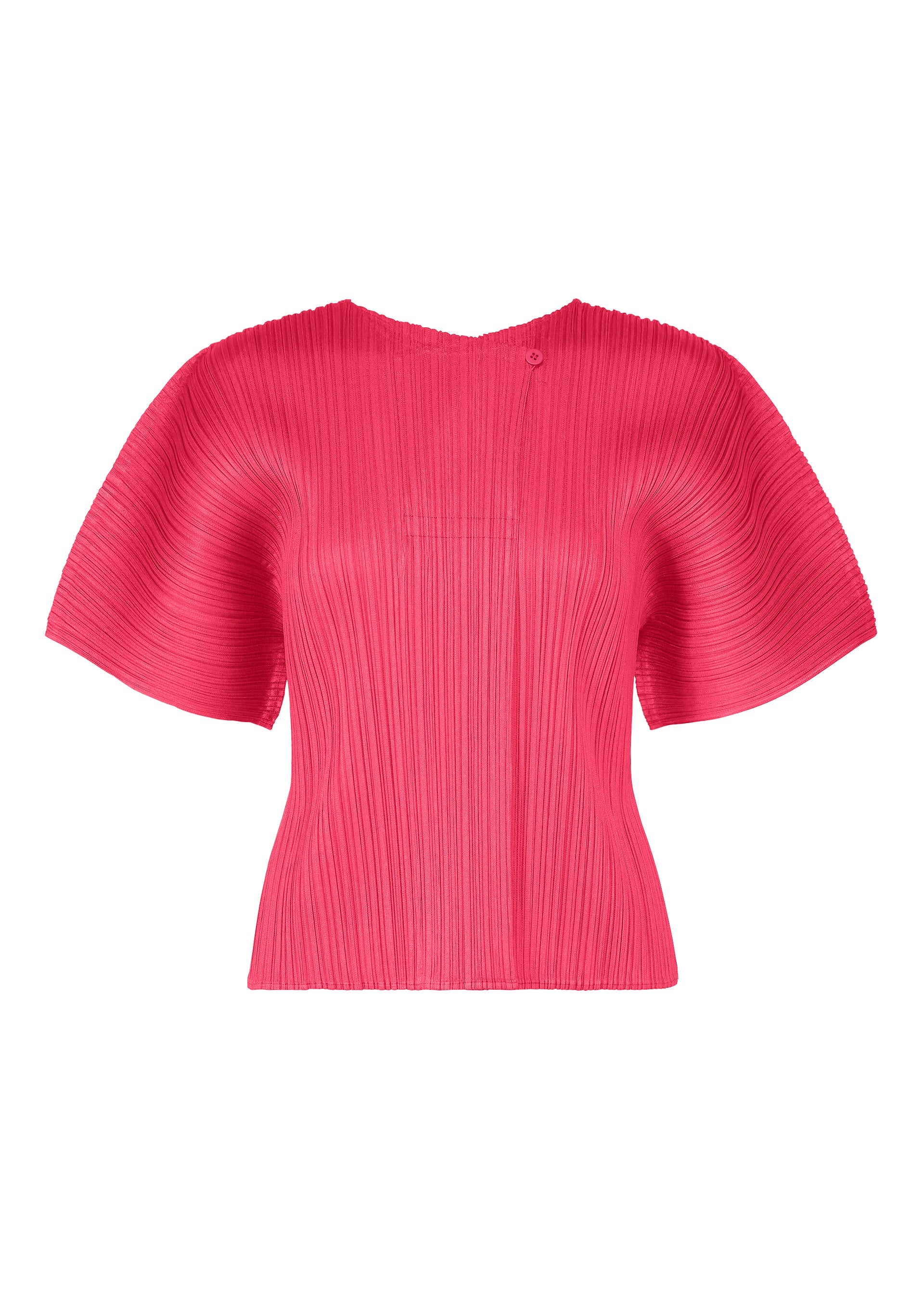 Zoomed view The MONTHLY COLORS : JUNE top by PLEATS PLEASE ISSEY MIYAKE features a vibrant pink hue, short sleeves, pleated texture, round neck, and flared silhouette for a sculptural, modern look. - BRIGHT PINK （no.26）