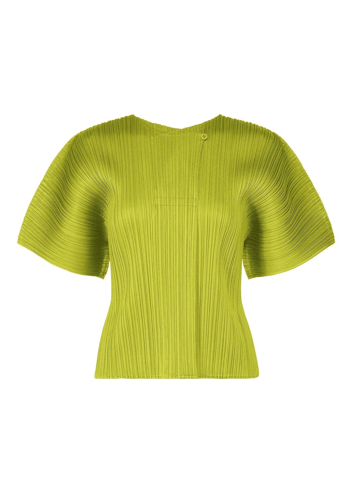 The MONTHLY COLORS : JUNE top by PLEATS PLEASE ISSEY MIYAKE features a lime green hue, pleated short sleeves, a round neckline, and a sculptural shape, displayed against a white background. view 4 of 11