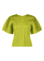 The MONTHLY COLORS : JUNE top by PLEATS PLEASE ISSEY MIYAKE features a lime green hue, pleated short sleeves, a round neckline, and a sculptural shape, displayed against a white background. - YELLOW GREEN （no.64）