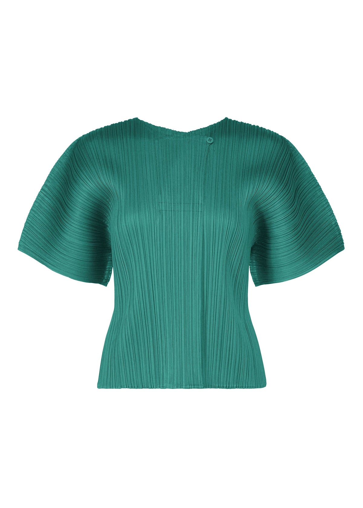 The MONTHLY COLORS : JUNE by PLEATS PLEASE ISSEY MIYAKE is a green, short-sleeved pleated top with wide sleeves and a round neckline. Lightweight and sculptural, this stylish piece effortlessly blends comfort and design. view 5 of 11