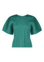 The MONTHLY COLORS : JUNE by PLEATS PLEASE ISSEY MIYAKE is a green, short-sleeved pleated top with wide sleeves and a round neckline. Lightweight and sculptural, this stylish piece effortlessly blends comfort and design. - BLUE GREEN （no.69）