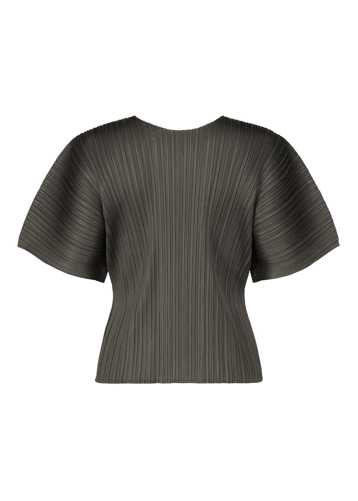 The MONTHLY COLORS : JUNE top by PLEATS PLEASE ISSEY MIYAKE is a short-sleeved, dark gray round-neck piece with sculptural vertical pleats, wide flared sleeves, and a fitted waist for a modern silhouette. view 6 of 11