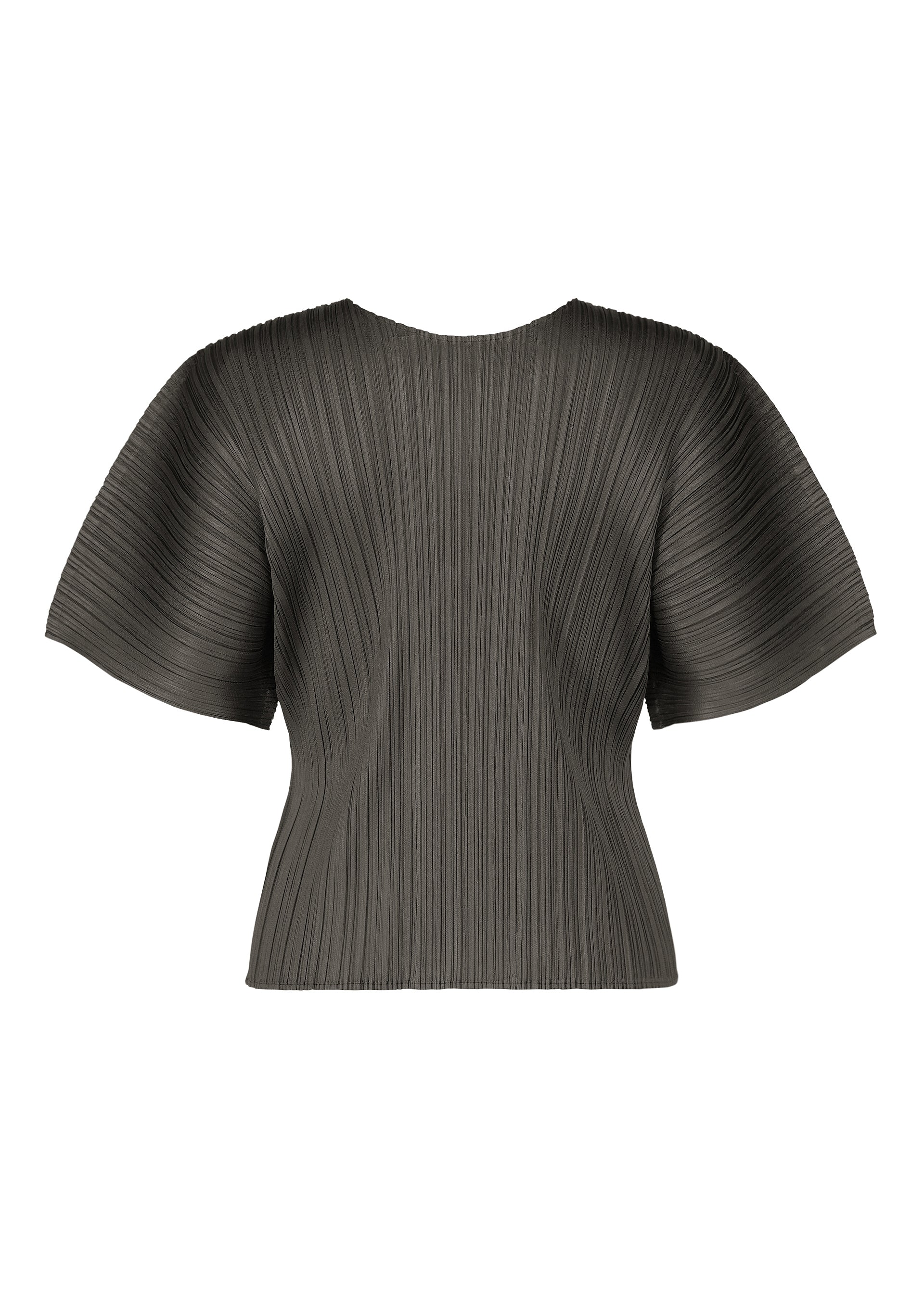 Zoomed view The MONTHLY COLORS : JUNE top by PLEATS PLEASE ISSEY MIYAKE is a short-sleeved, dark gray round-neck piece with sculptural vertical pleats, wide flared sleeves, and a fitted waist for a modern silhouette.